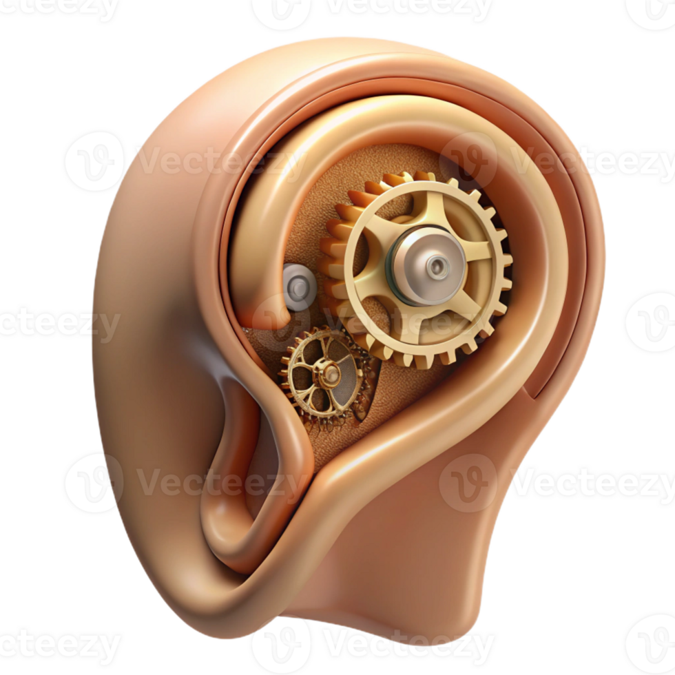 serene modern A human ear with intricate gears and wires replacing the inner workings, warm, sepia lighting, steampunk style genuine png