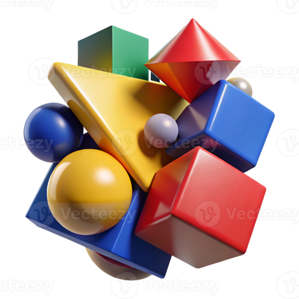 dramatic modern A dynamic composition of fragmented shapes and forms, in bold, primary colors, illuminated by a harsh, contrasting light, with a cubist, abstract style premium png