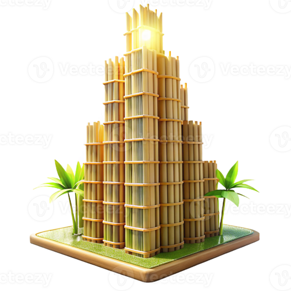 extraordinary rustic A towering skyscraper made of bamboo, sustainable architecture style, sunlight high quality png