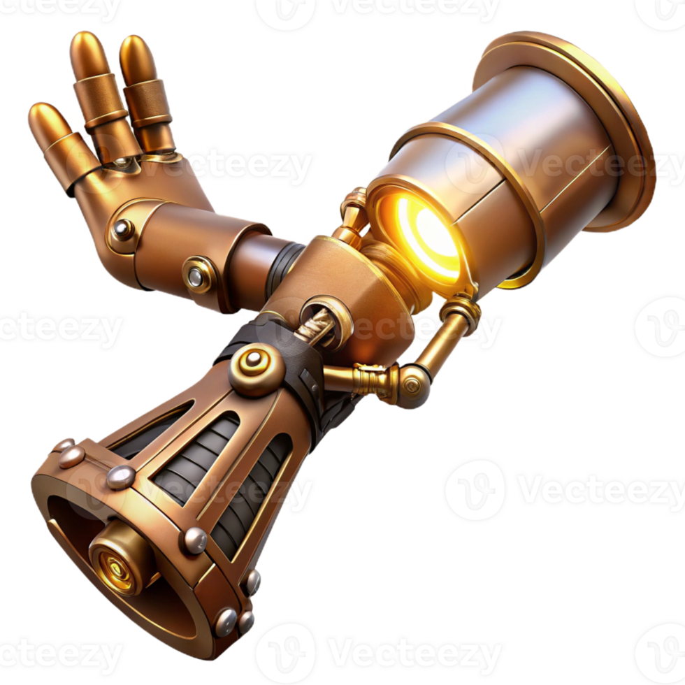 elegant rustic A steampunk prosthetic arm, gleaming brass and polished wood, intricate clockwork mechanisms exposed, lit by a single spotlight, hyperrealistic style premium png