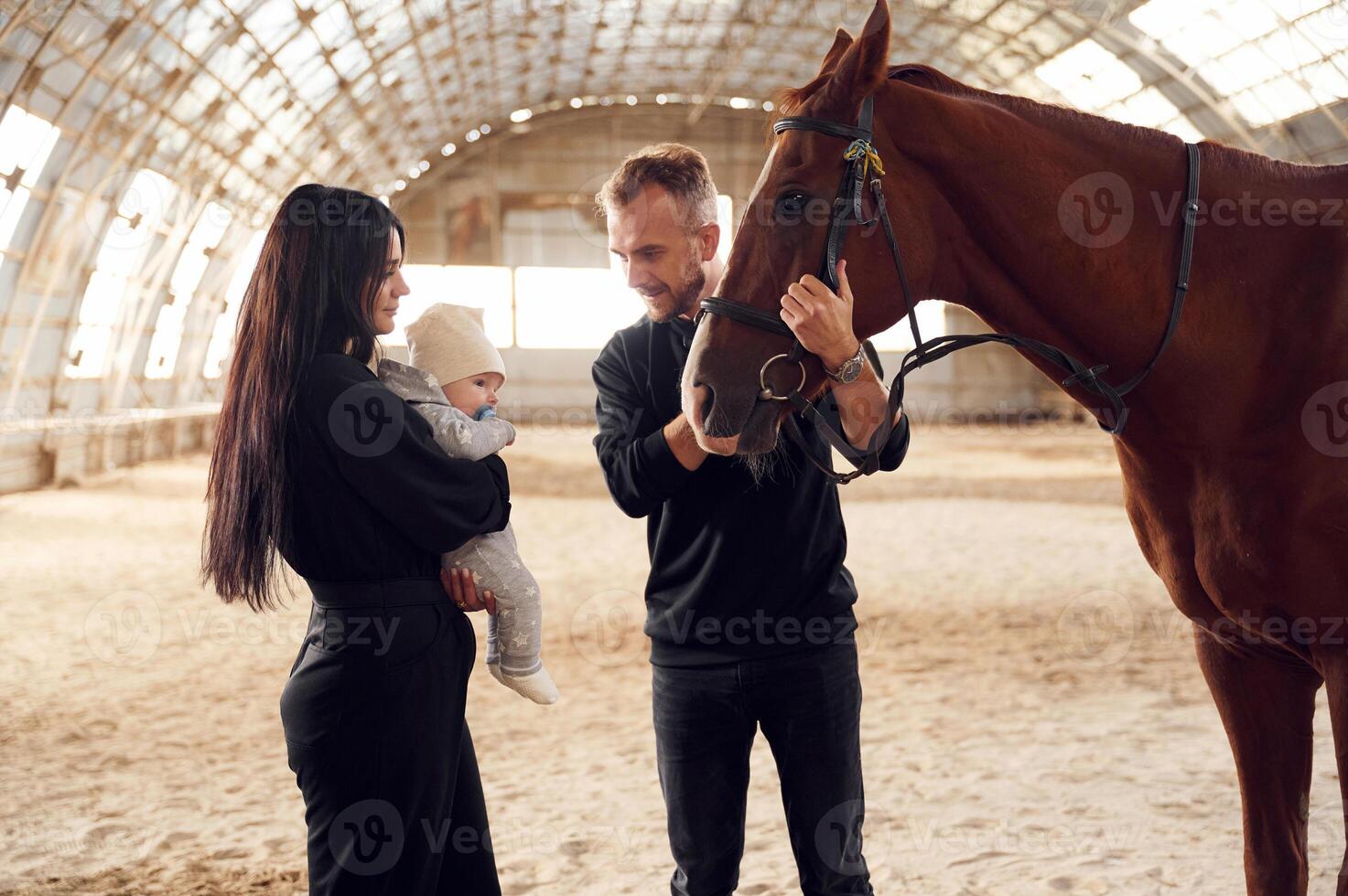 Lovely couple is standing, with indoors in the hangar with little baby and showing him horse photo