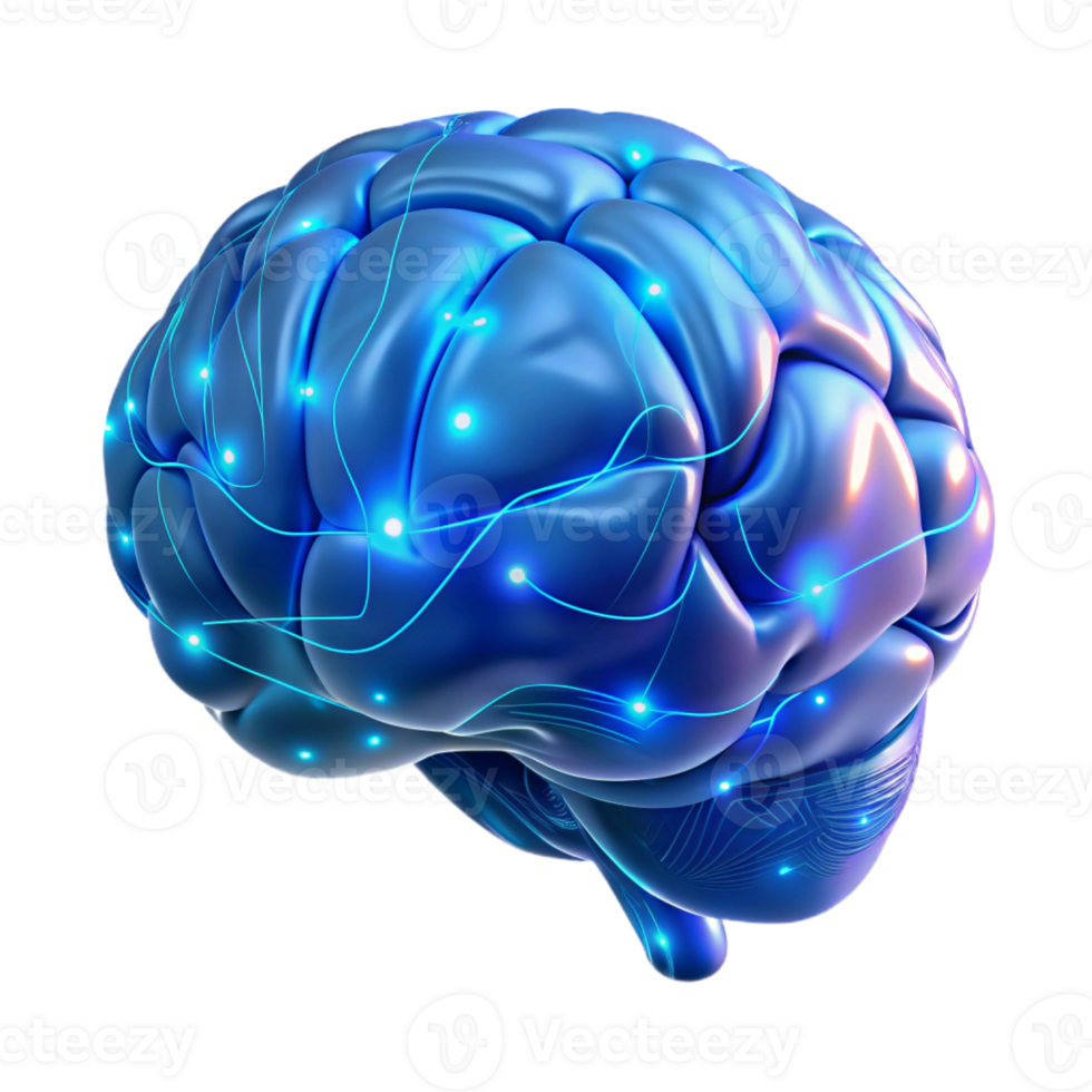 dramatic traditional A holographic projection of a human brain, intricately detailed with neural pathways illuminated by pulsating blue light, rendered in a hyperrealistic style premium png