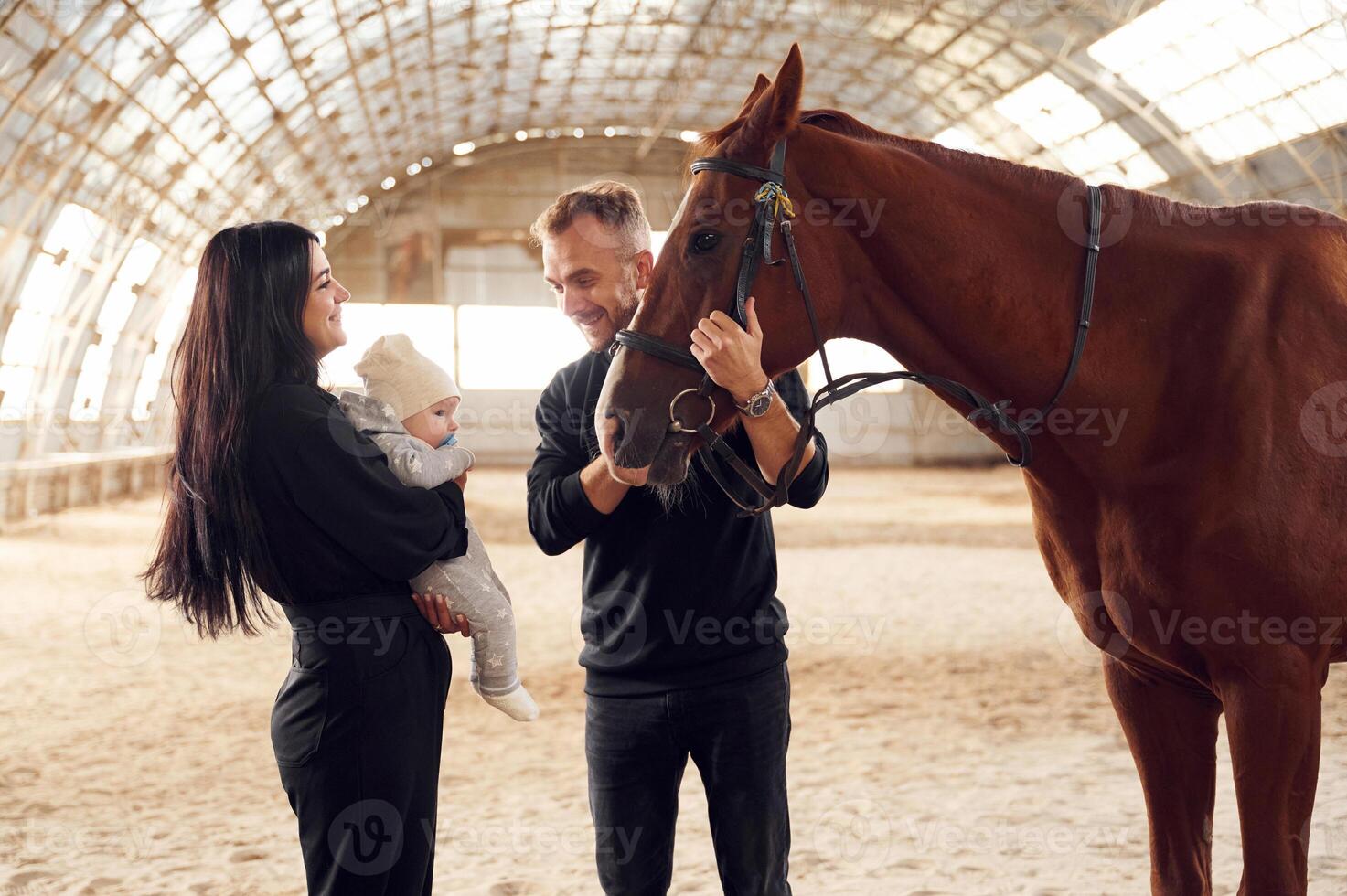 Lovely couple is standing with indoors ,in the hangar with little baby and showing him horse photo