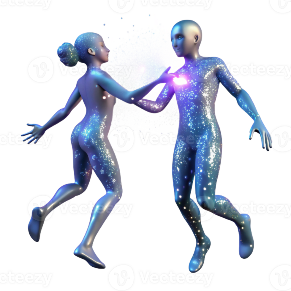 elegant minimalist Two celestial beings, formed from pure light, engaged in a cosmic dance amidst a shower of shimmering stardust. Dreamlike, ethereal style 4K png
