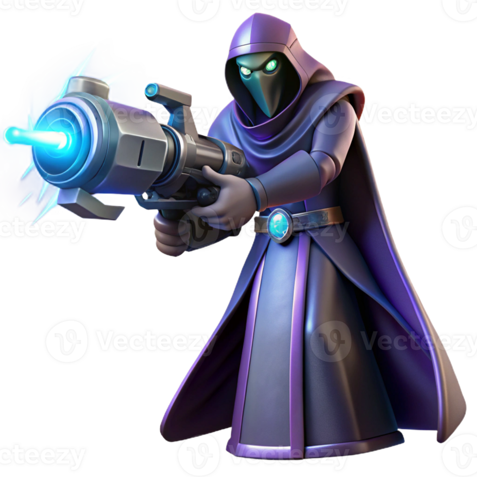 impressive modern A futuristic weapon, pulsating with energy, held in the hand of a cloaked figure. Ominous, backlighting. Dark fantasy style authentic png