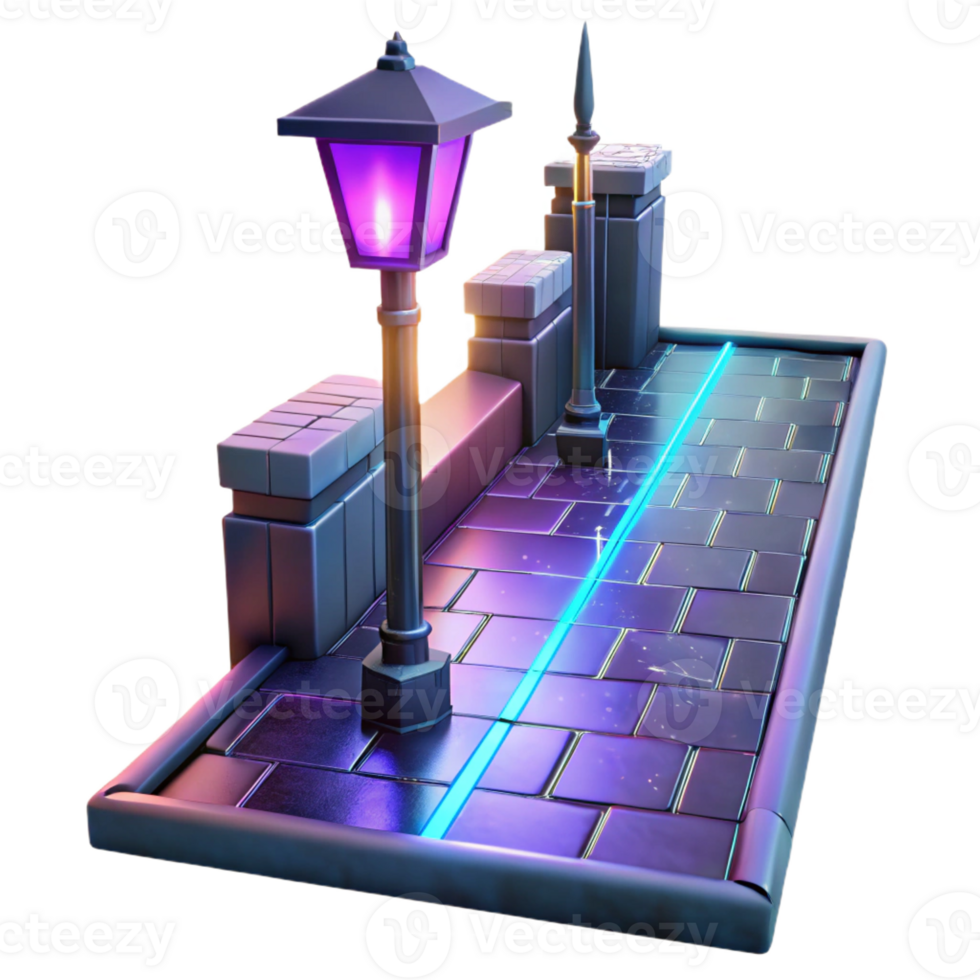 vibrant modern A lone streetlamp illuminating a cobbled alleyway in a futuristic metropolis, rain slicked streets reflecting neon signs, cyberpunk style, volumetric lighting detailed png