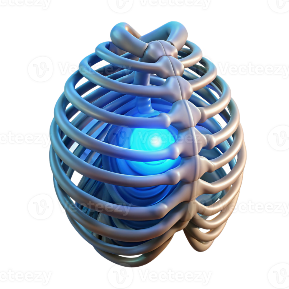 impressive contemporary Biomechanical human ribs forming a cage around a pulsating energy core, ethereal blue glow, cyberpunk style authentic png