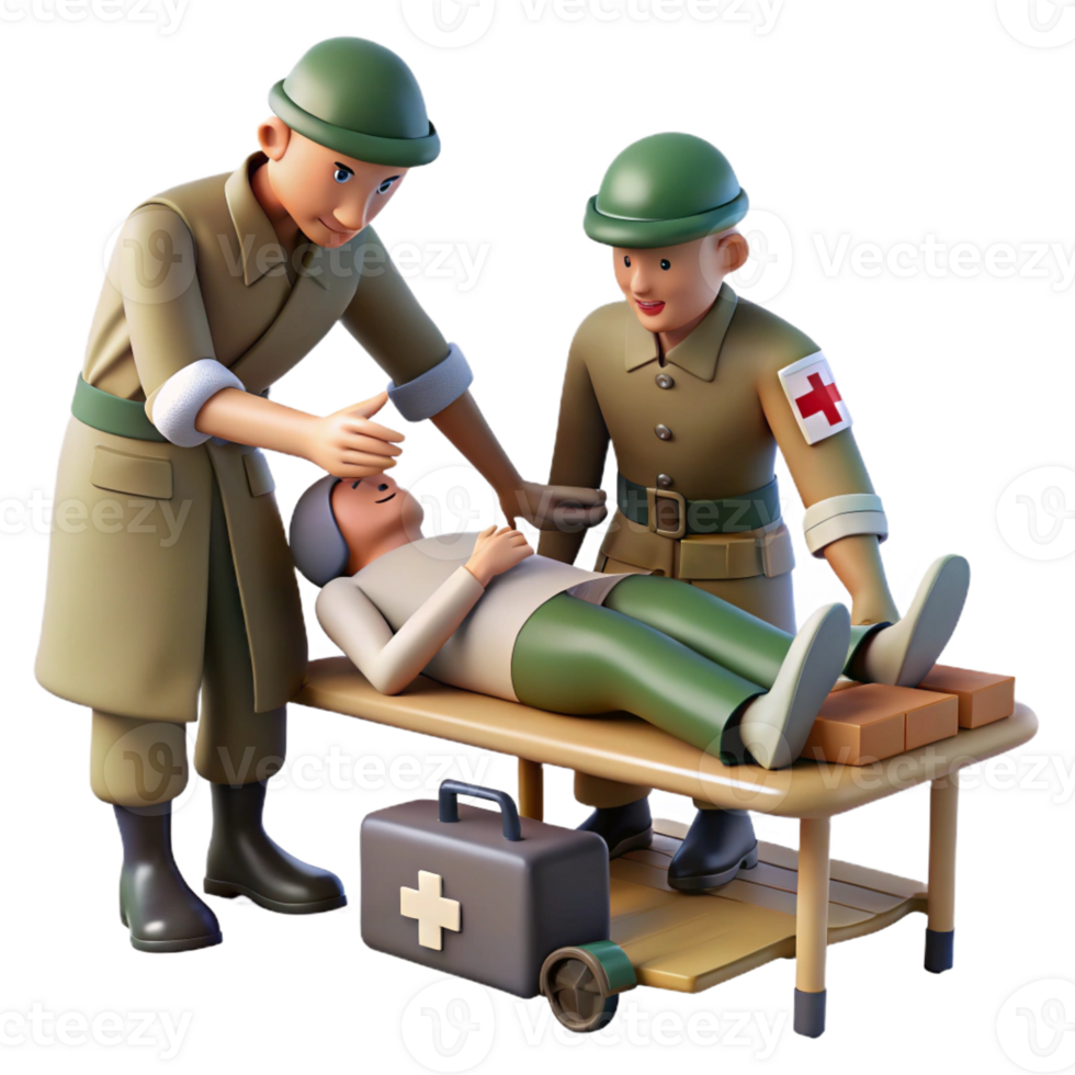 serene artistic A medic tends to a wounded soldier in a makeshift field hospital. Somber lighting, documentary style detailed png