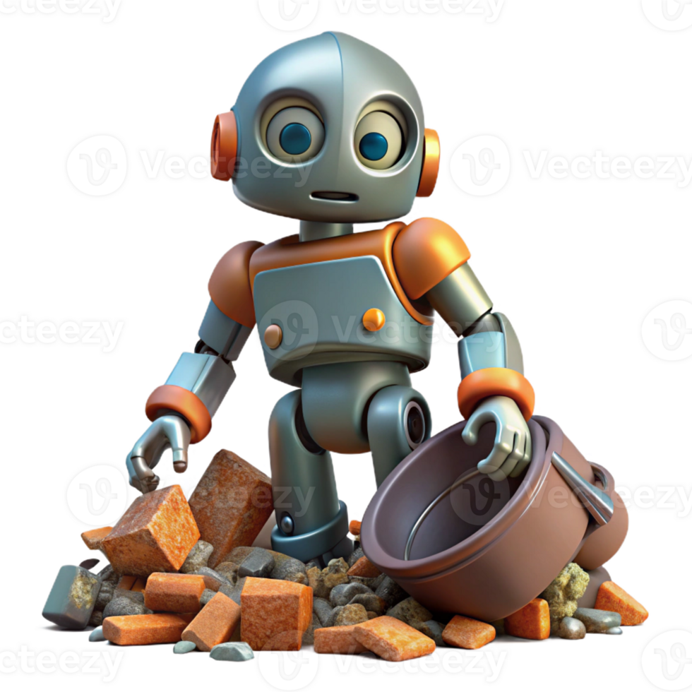 serene rustic A lone scavenging robot, its paint peeling and rusting, searching through a pile of debris. Dystopian, muted colors, melancholic high resolution png