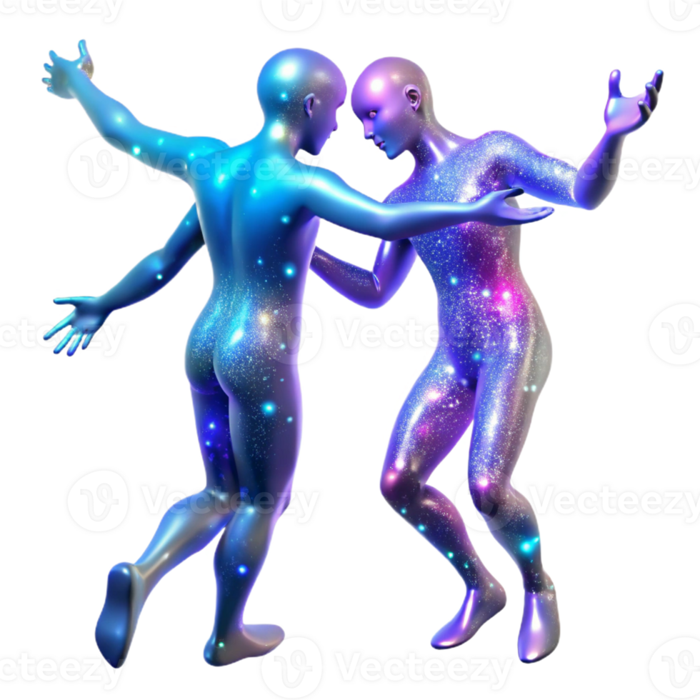 magnificent modern Two celestial beings, formed from pure light, engaged in a cosmic dance amidst a shower of shimmering stardust. Dreamlike, ethereal style professional png