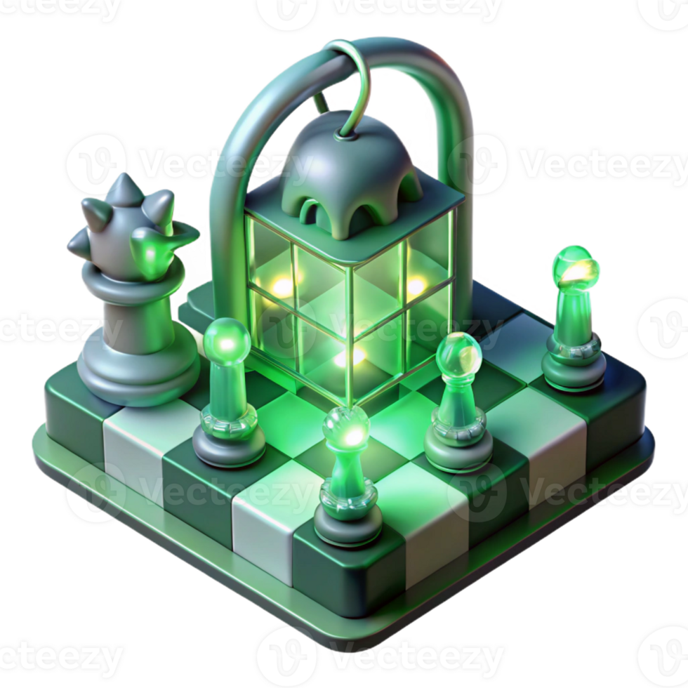 impressive abstract A chessboard where the pieces are living creatures, locked in eternal struggle, illuminated by a cold, green light, Surrealist style high quality png