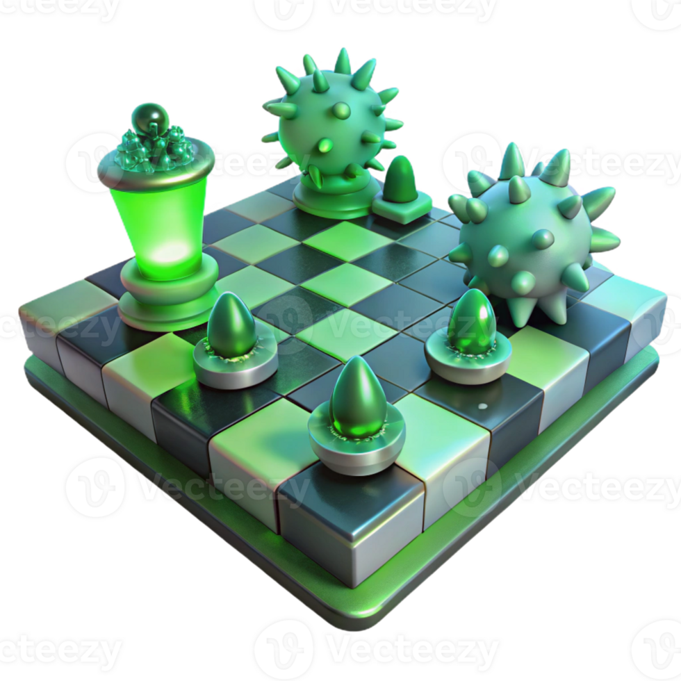stunning classic A chessboard where the pieces are living creatures, locked in eternal struggle, illuminated by a cold, green light, Surrealist style premium png