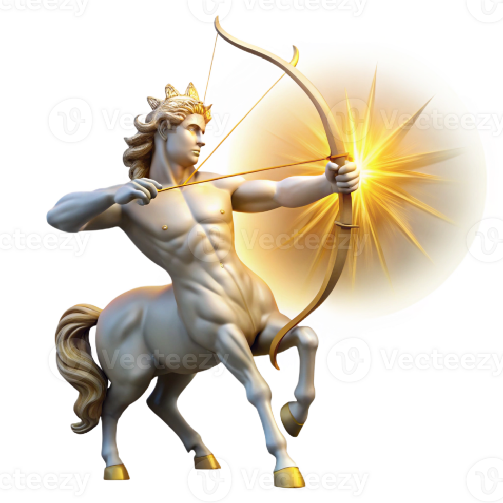impressive rustic A stoic centaur archer, aiming his bow towards the heavens, lit by the golden rays of dawn, classical Greek sculpture style premium png