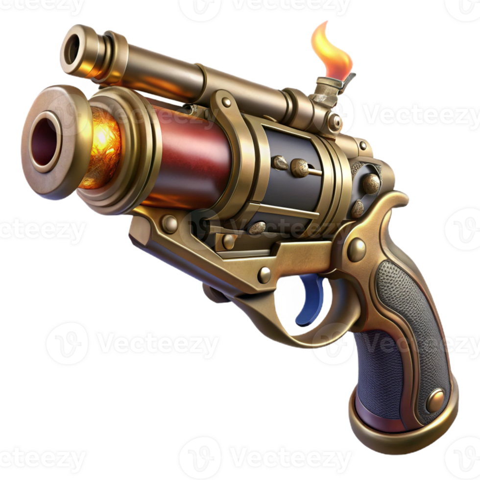 serene minimalist A detailed steampunk pistol with intricate engravings and a rotating cylinder, illuminated by a muzzle flash, realistic style high resolution png