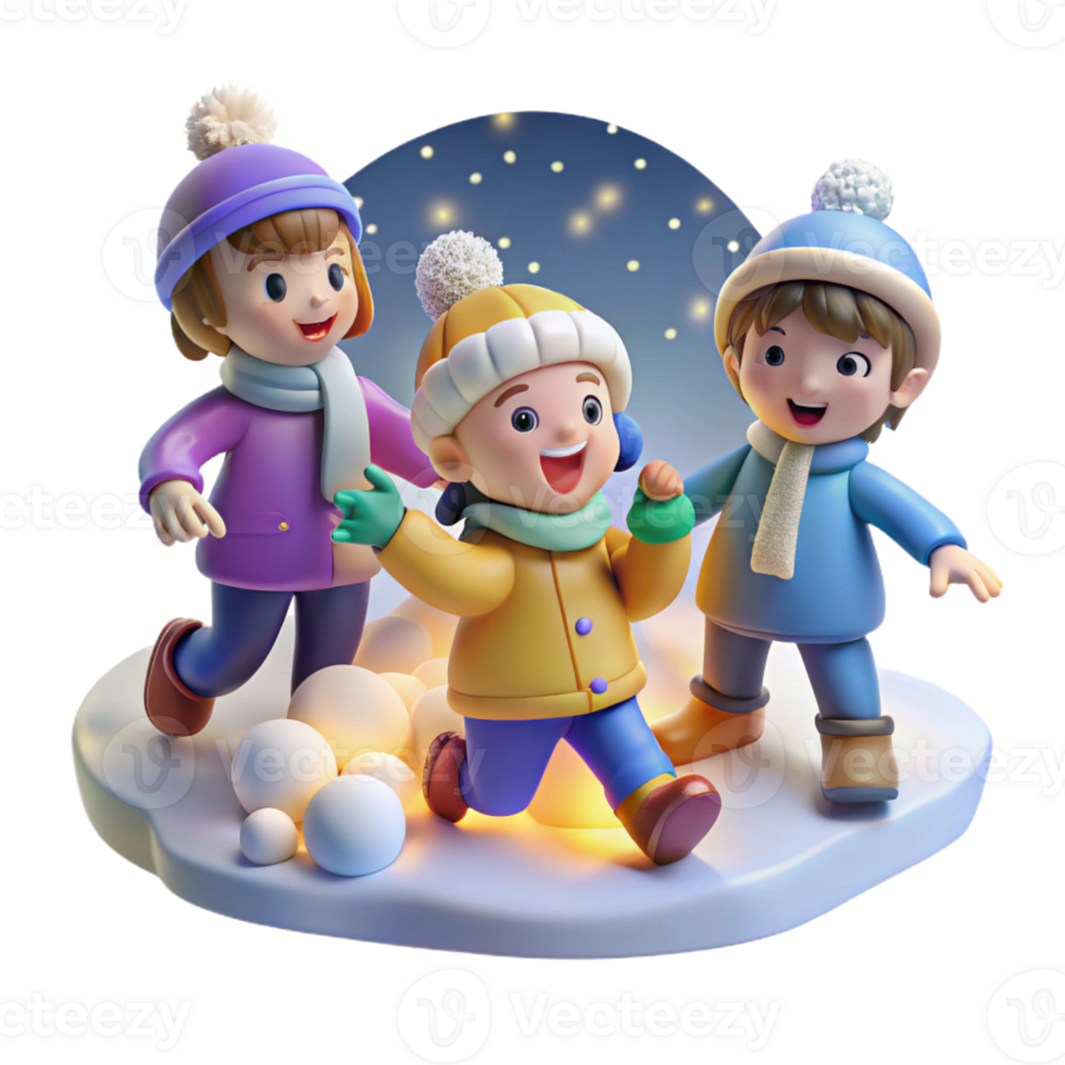 extraordinary traditional A group of children playing in the snow, winter lighting, festive cartoon style 4K png