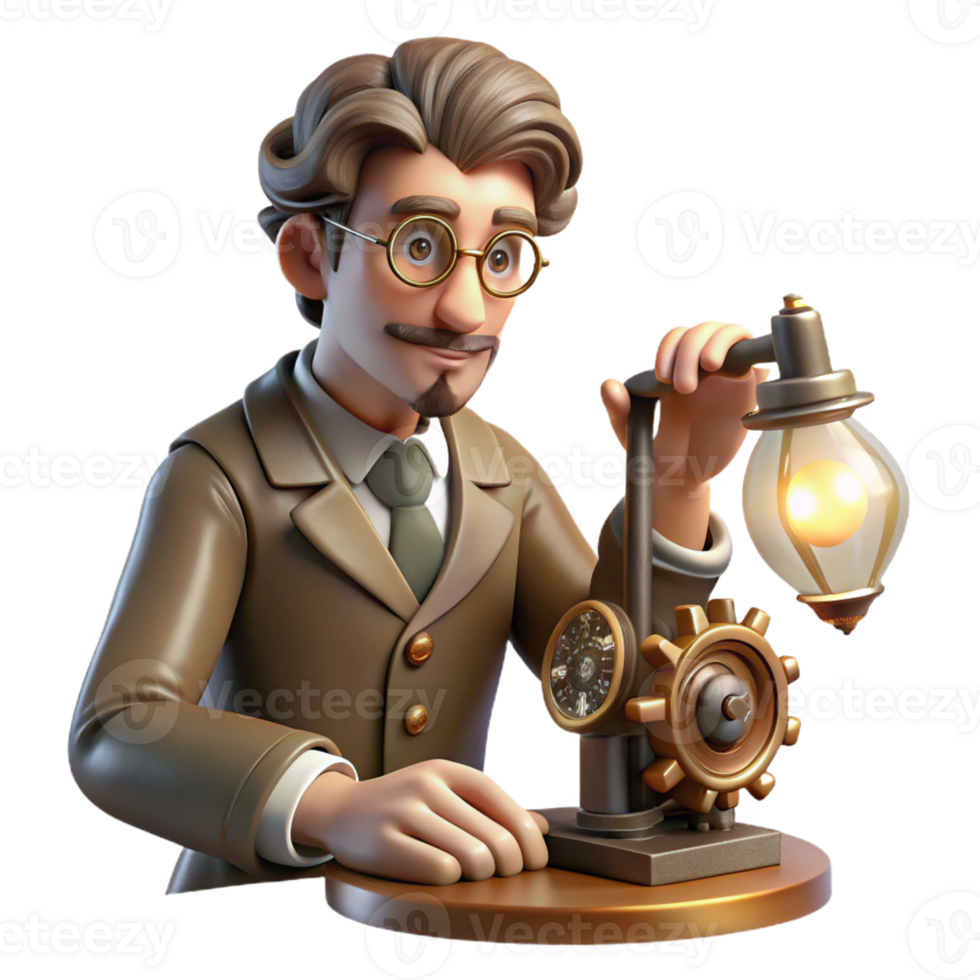 beautiful rustic A portrait of a steampunk inventor meticulously working on a complex clockwork device, lit by a single desk lamp, chiaroscuro style high quality png
