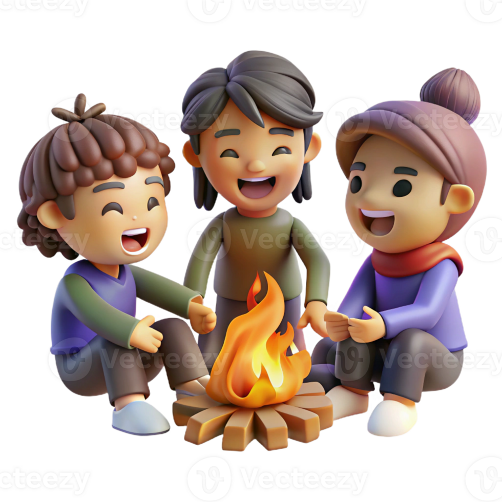 dramatic rustic A group of friends, each with unique hairstyles and outfits, laugh together around a campfire. Warm, firelight lighting, slice-of-life anime style high quality png