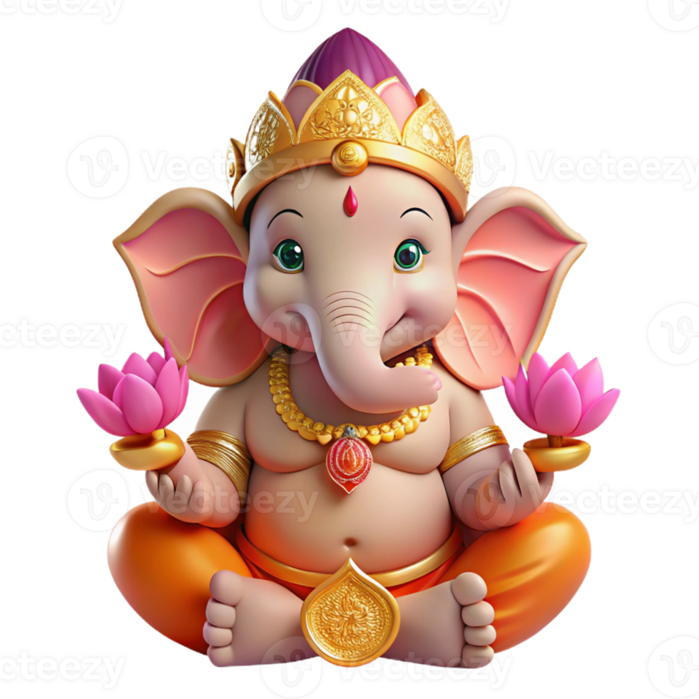 extraordinary modern A serene Hindu Ganesha, elephant-headed god of wisdom, holding a lotus flower and a modak. Intricate, vibrant style high quality png