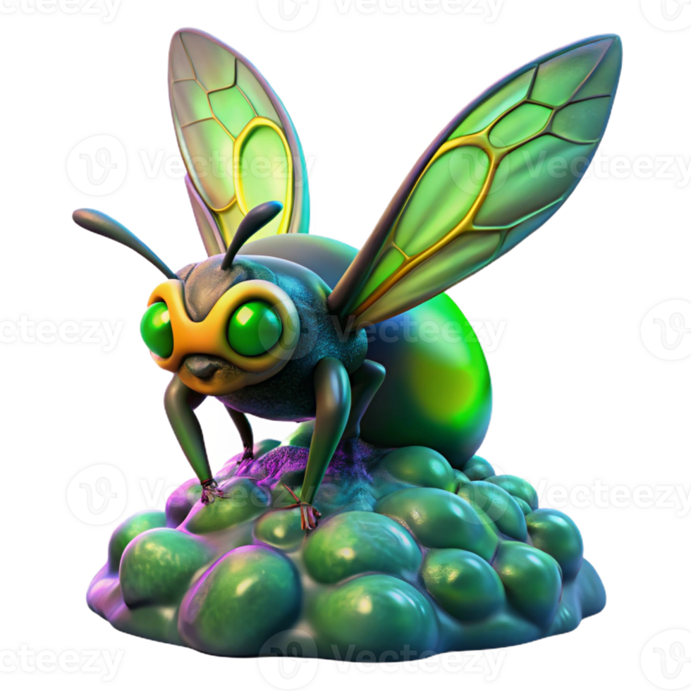 beautiful modern A mutated insect, with iridescent wings, hovering over a pile of radioactive waste. Surreal, vibrant colors, bio-horror style 4K png