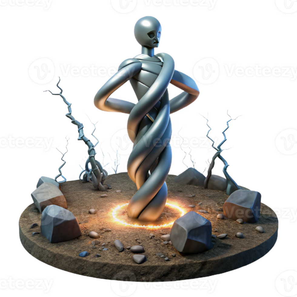 stunning modern A twisted metal sculpture resembling a human figure, standing amidst a desolate landscape, lit by a lightning strike. Dark, surreal, and abstract style high quality png