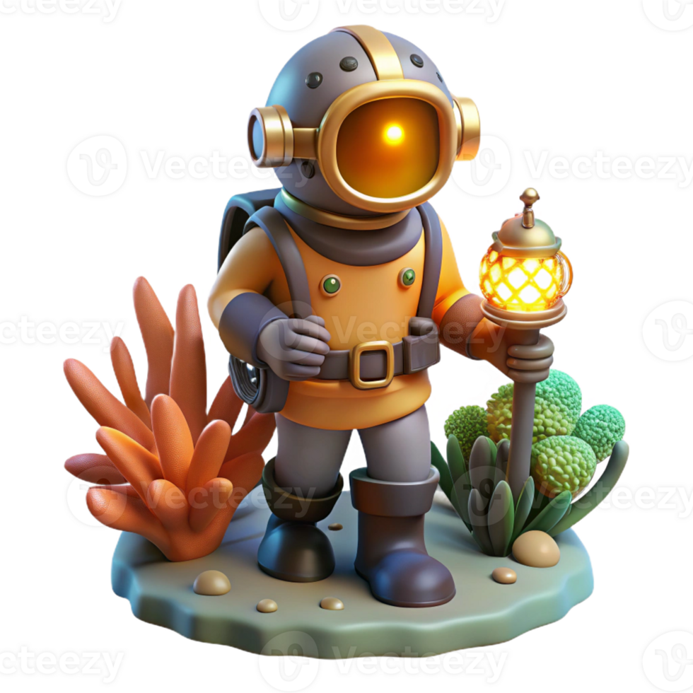 extraordinary vintage A steampunk diver exploring a coral reef, brass helmet illuminating bioluminescent flora and fauna, underwater lighting, fantasy art style premium png