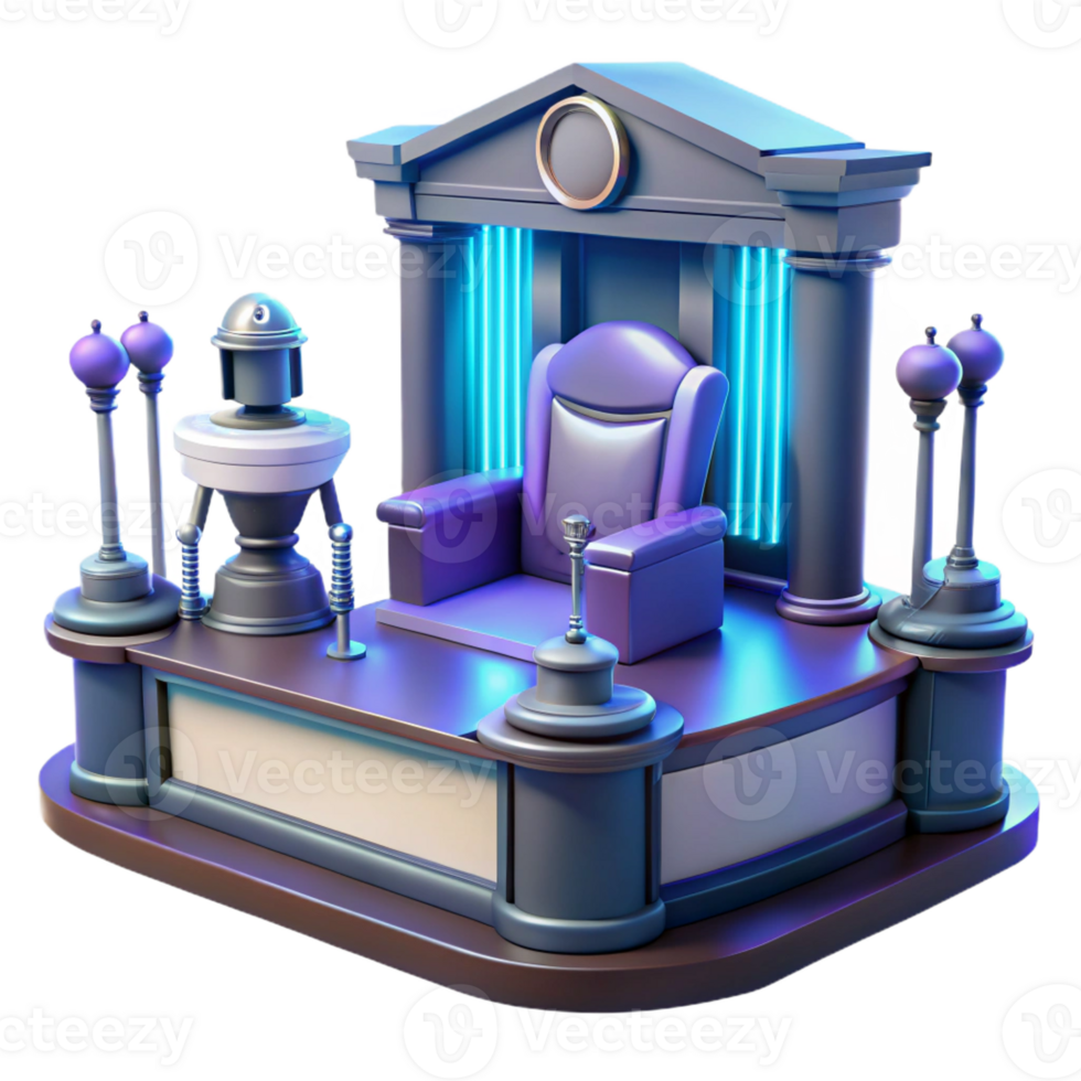serene vintage A futuristic courtroom where a robotic judge presides over a trial, illuminated by cold, impersonal lighting, sci-fi and thought-provoking, high resolution png