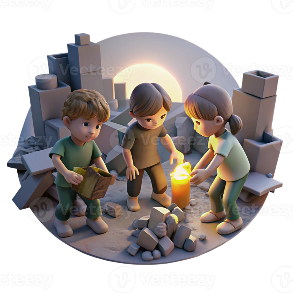 extraordinary classic A group of children scavenging for scraps in a bombed-out city, lit by the faint light of a dying sun, poignant and melancholic, premium png