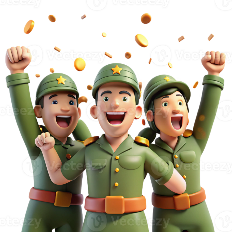 dramatic abstract A group of soldiers celebrates a hard-won victory. Joyful, celebratory lighting, documentary style professional png