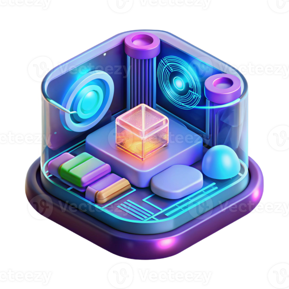 impressive contemporary A futuristic, holographic interface displaying complex data and schematics. Cool, neon lighting, cyberpunk style professional png
