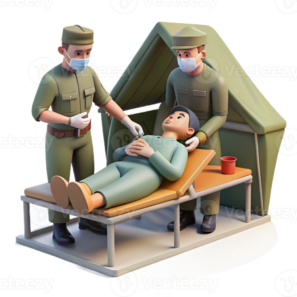 impressive creative A medic tends to a wounded soldier in a makeshift field hospital. Somber lighting, documentary style high quality png