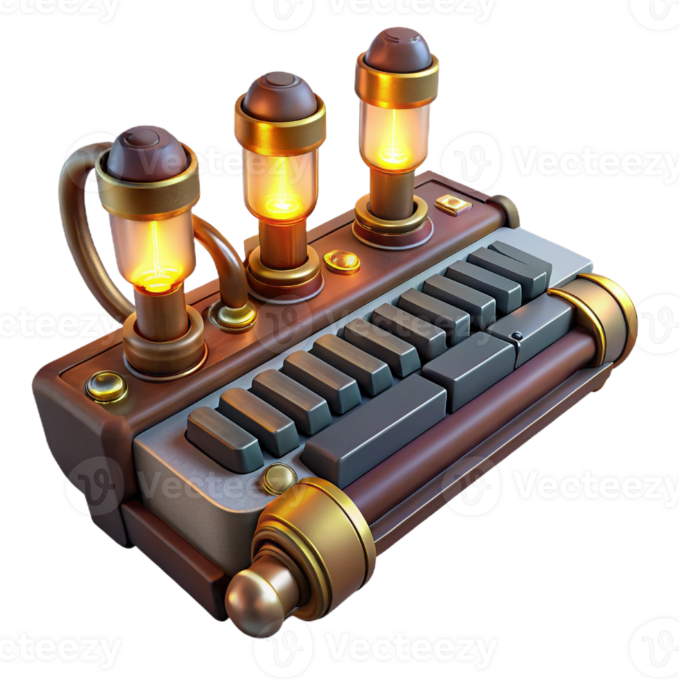 extraordinary creative A steampunk keyboard with brass keys and glowing vacuum tubes underneath, lit from below, in a cyberpunk style detailed png