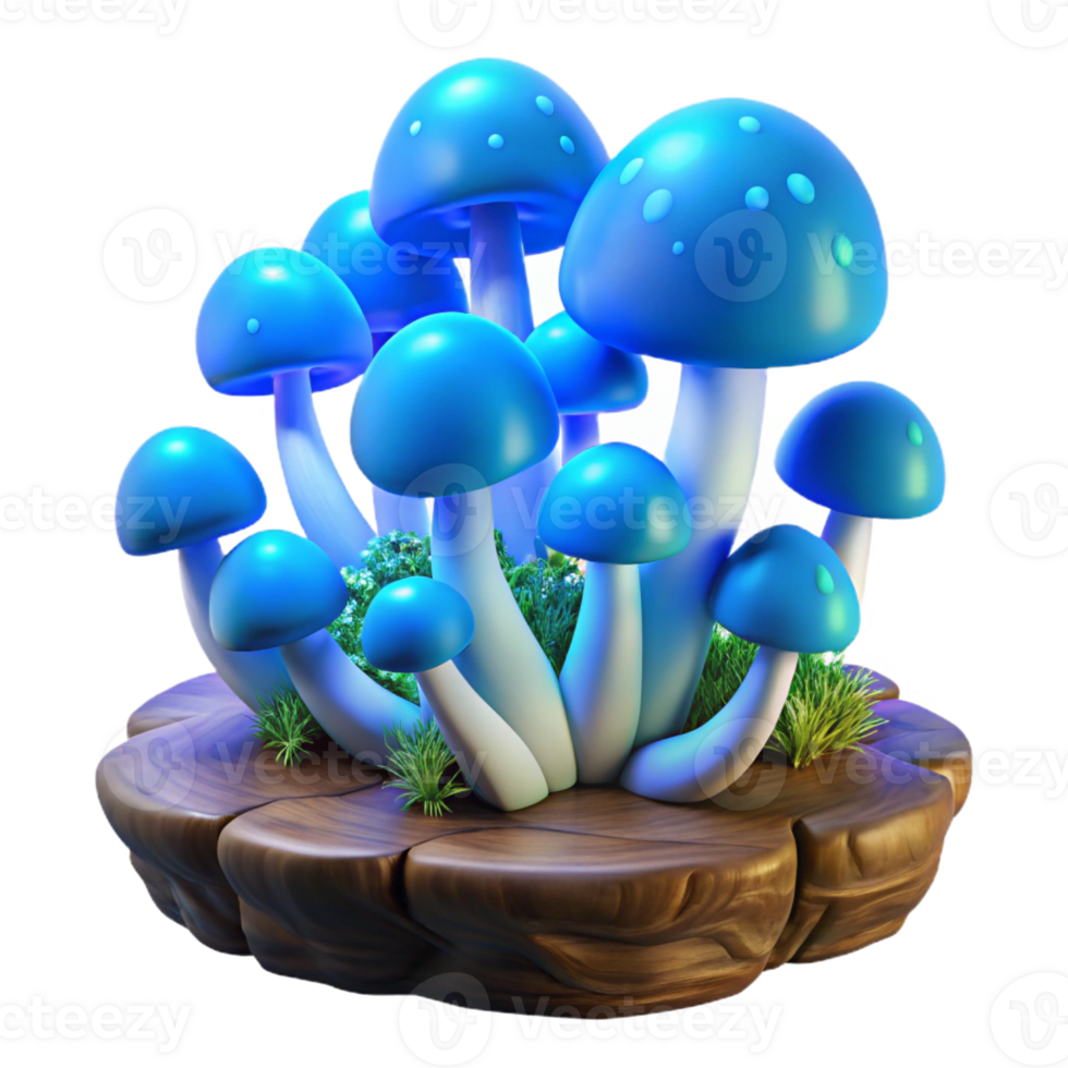 elegant artistic A cluster of vibrant blue mushrooms, bioluminescent, growing on a moss-covered log in a dark forest, illuminated by their own glow. Fantasy art style premium png