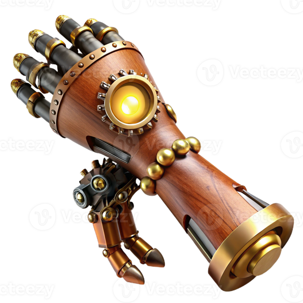 dramatic vintage A complex steampunk prosthetic arm, crafted from polished wood, brass, and gears, illuminated by a single spotlight, photorealistic style exclusive png