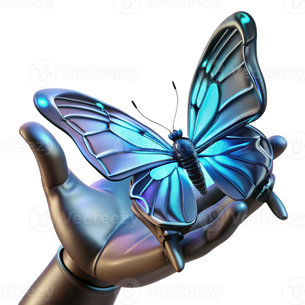 wonderful modern A delicate biomechanical butterfly with chrome wings and glowing neon veins, resting on a skeletal human finger, dark, moody lighting, art nouveau style high quality png