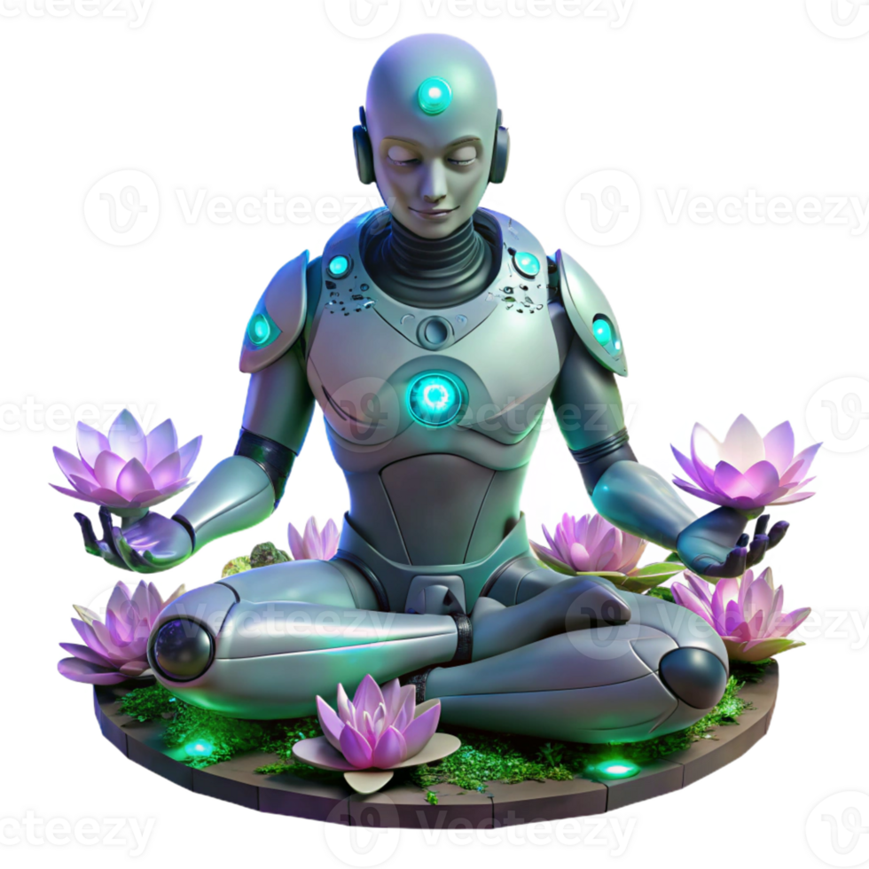 wonderful rustic A cyborg with intricate mechanical augmentations, meditating amidst a field of glowing, bioluminescent flora on an alien planet. Warm, ethereal lighting, cyberpunk style premium png