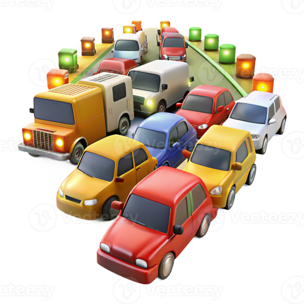 beautiful rustic Traffic jam at rush hour, cars and buses, bright headlights and brake lights, chaotic energy high quality png