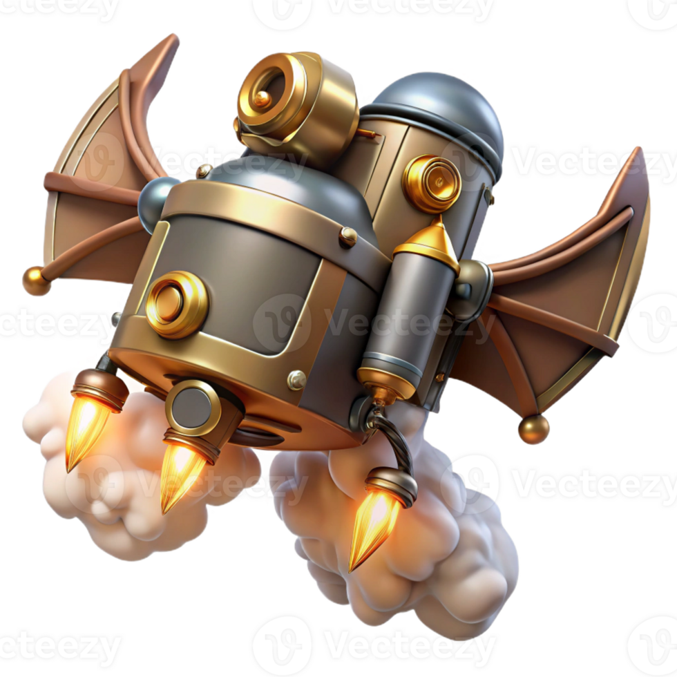 magnificent classic A steampunk jetpack with copper wings and steam-powered thrusters, emitting a trail of smoke, in a concept art style authentic png