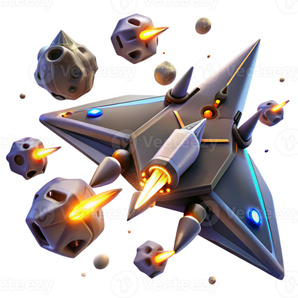 impressive abstract A fleet of sleek, triangular spaceships engaging in a dogfight amidst a field of asteroids. Intense, flashing lighting, comic book style 4K png
