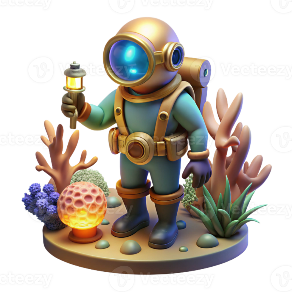 elegant modern A steampunk diver exploring a coral reef, brass helmet illuminating bioluminescent flora and fauna, underwater lighting, fantasy art style genuine png