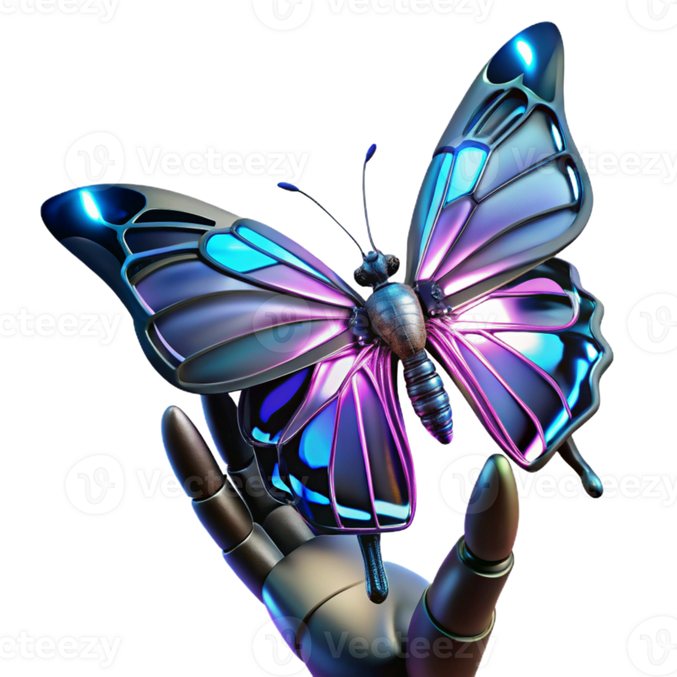 impressive artistic A delicate biomechanical butterfly with chrome wings and glowing neon veins, resting on a skeletal human finger, dark, moody lighting, art nouveau style 4K png