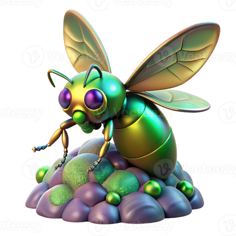 serene traditional A mutated insect, with iridescent wings, hovering over a pile of radioactive waste. Surreal, vibrant colors, bio-horror style high resolution png