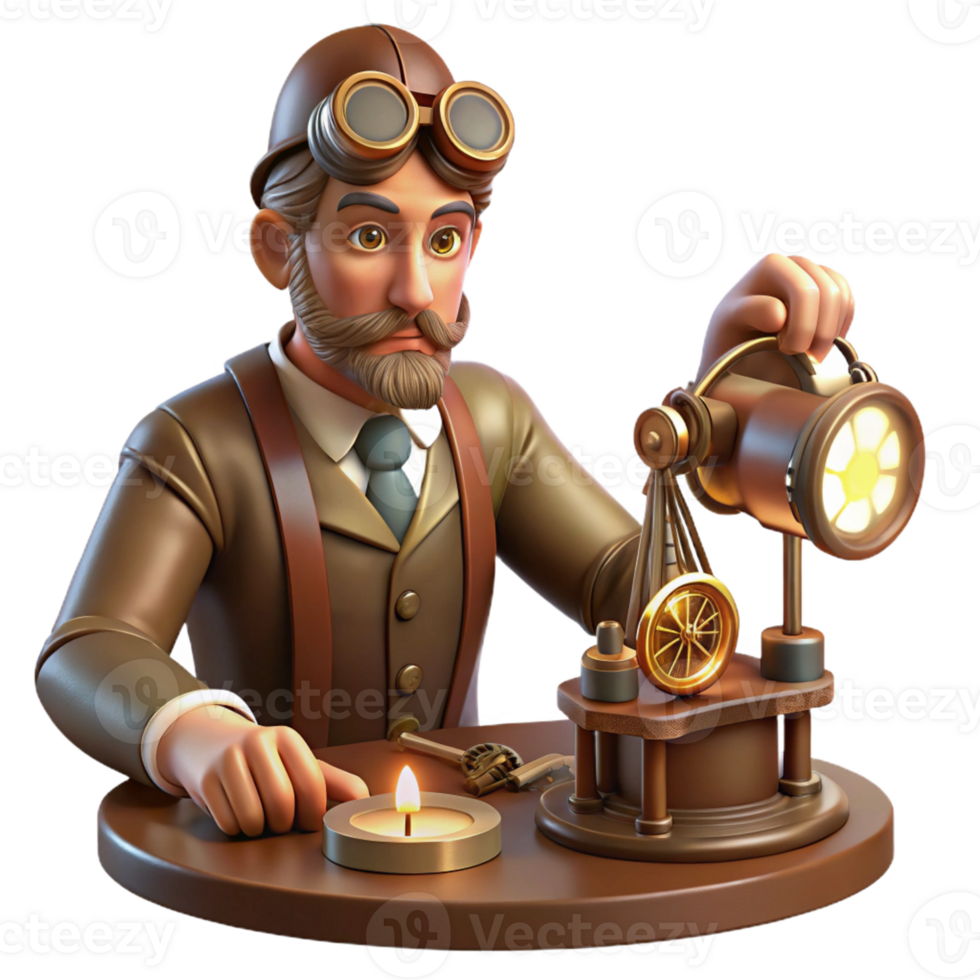 extraordinary creative A portrait of a steampunk inventor meticulously working on a complex clockwork device, lit by a single desk lamp, chiaroscuro style original png