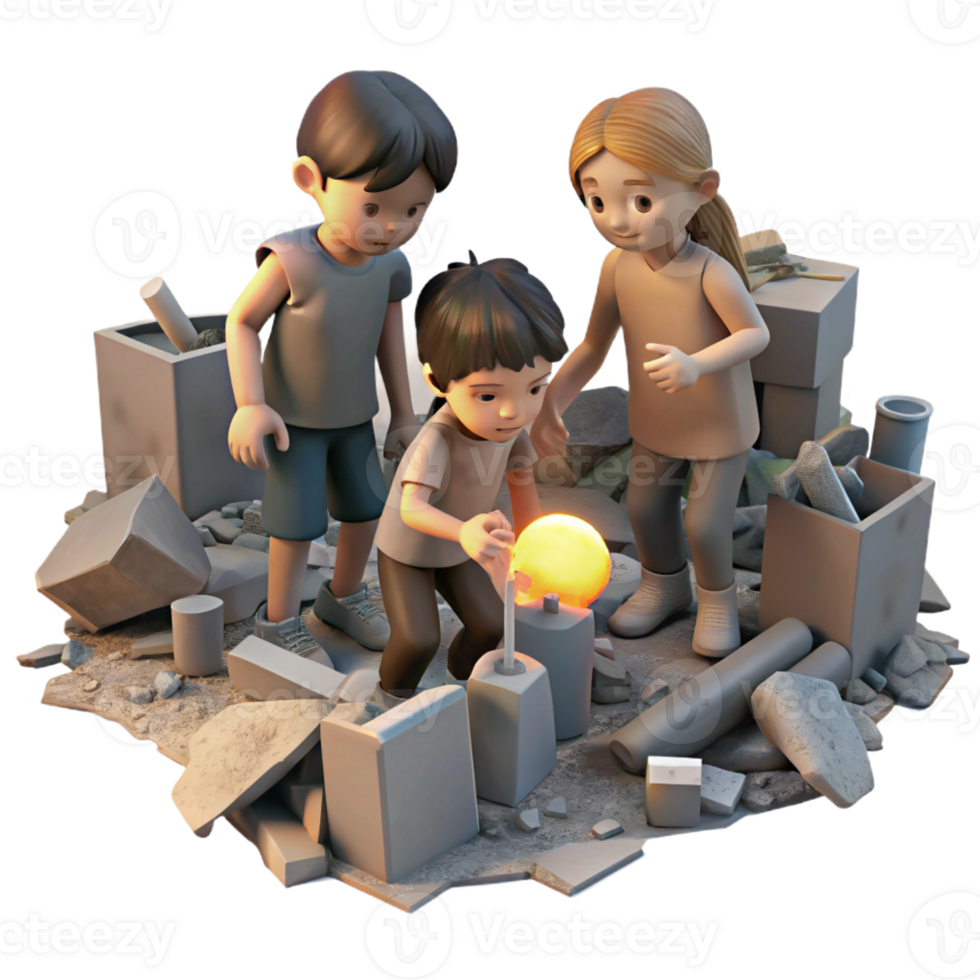 elegant creative A group of children scavenging for scraps in a bombed-out city, lit by the faint light of a dying sun, poignant and melancholic, high resolution png