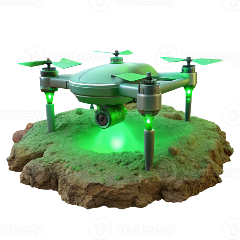 impressive abstract A solitary drone hovering over a desolate wasteland, illuminated by a sickly green sky, cinematic and ominous, high resolution png