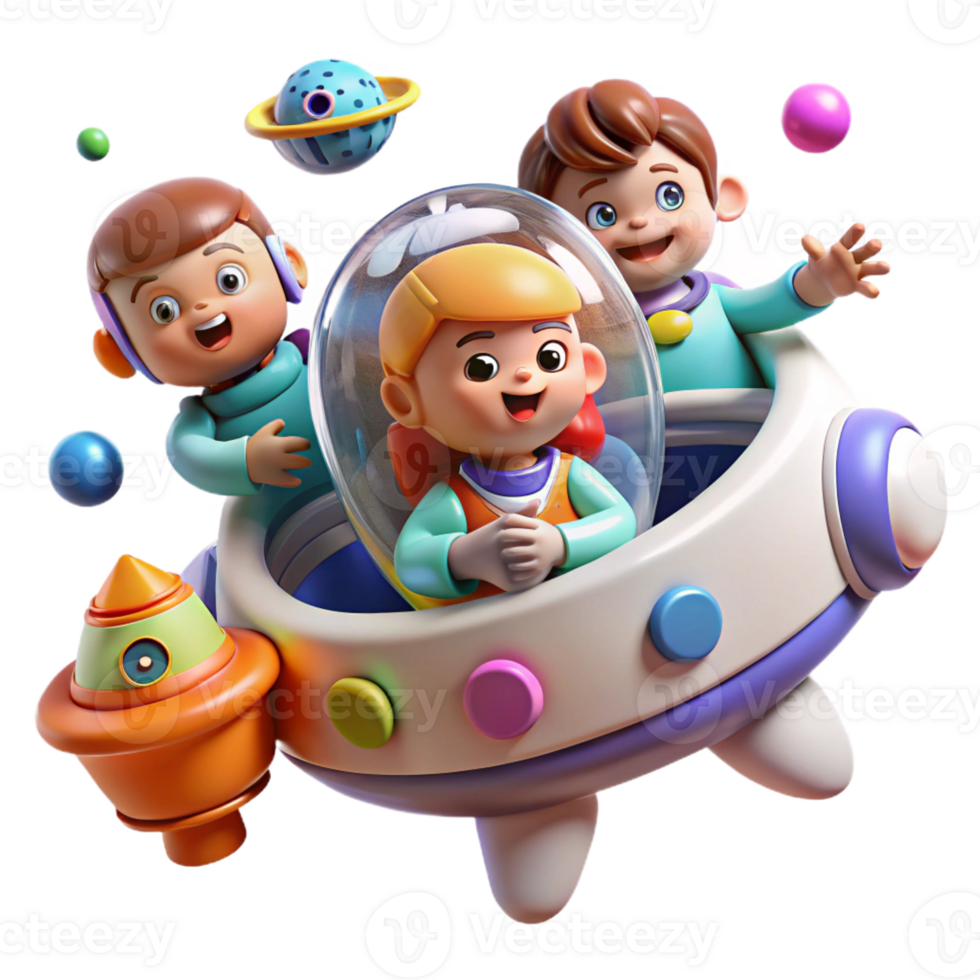 wonderful classic A group of children playing in a zero-gravity environment inside a spaceship, surrounded by floating toys. Bright, playful lighting, cartoon style original png