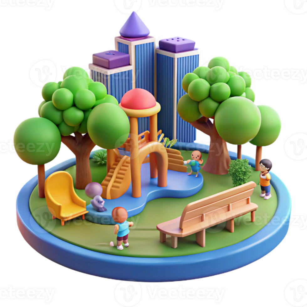 wonderful creative Urban park with children playing, bright sunny day, vibrant colors, playful atmosphere 4K png