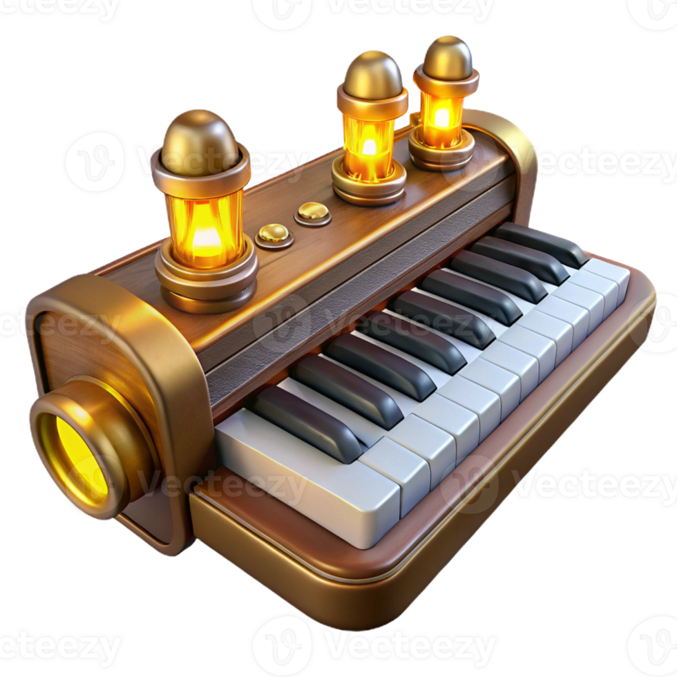 stunning contemporary A steampunk keyboard with brass keys and glowing vacuum tubes underneath, lit from below, in a cyberpunk style premium png