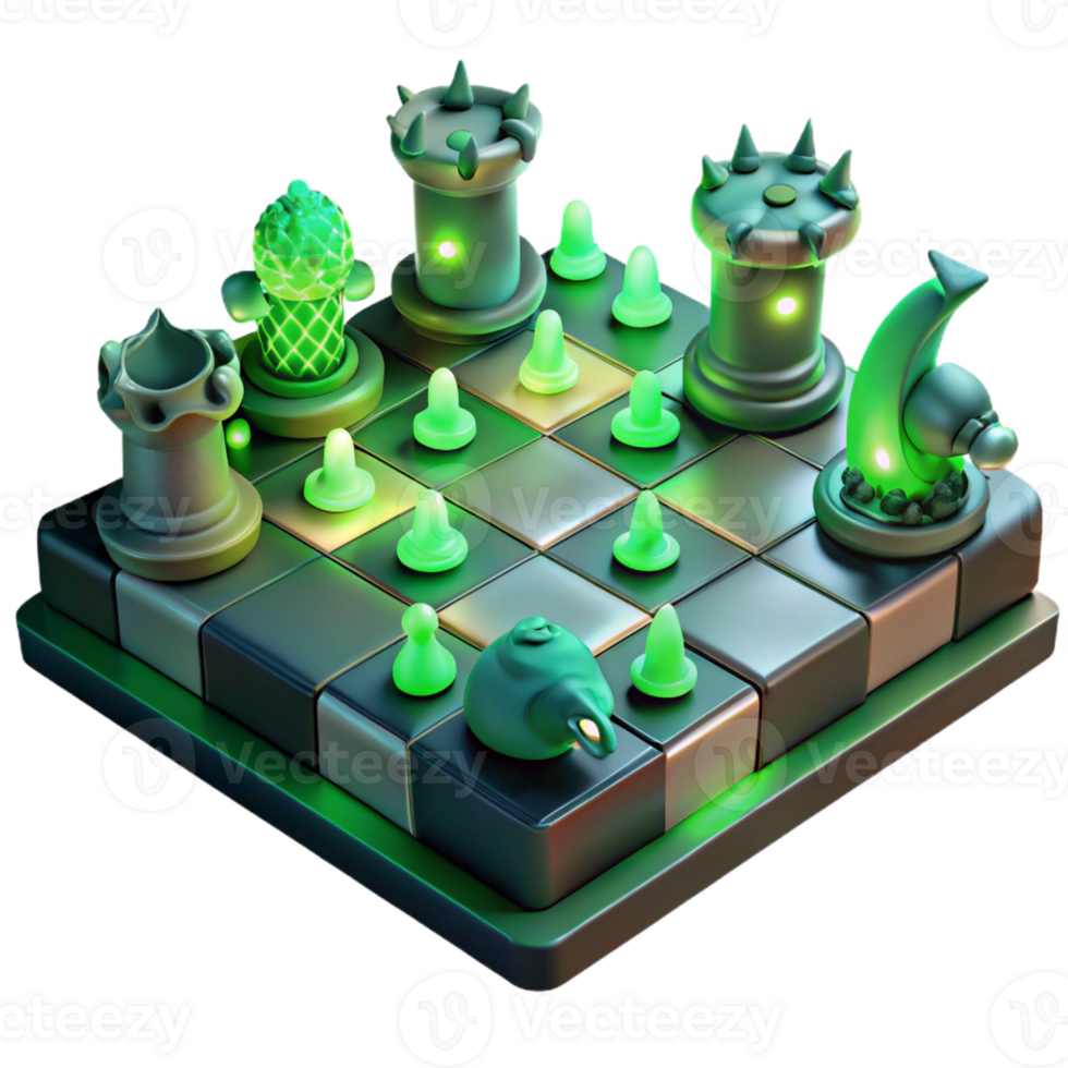 serene minimalist A chessboard where the pieces are living creatures, locked in eternal struggle, illuminated by a cold, green light, Surrealist style exclusive png