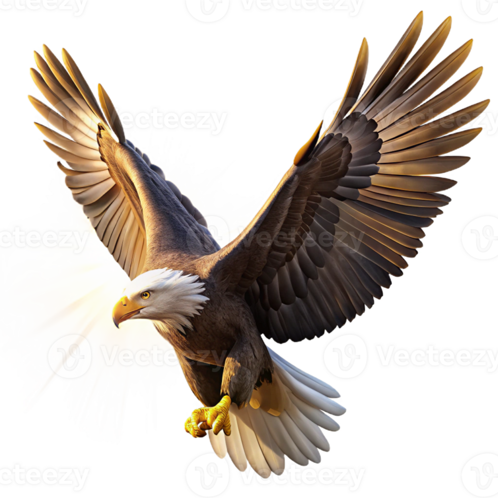 beautiful creative A majestic bald eagle, wings outstretched mid-flight, catching the golden rays of a setting sun. Photorealistic style high quality png