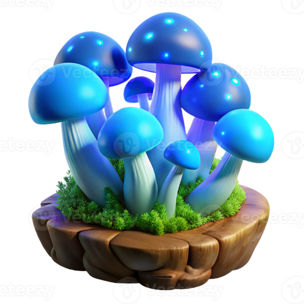 extraordinary modern A cluster of vibrant blue mushrooms, bioluminescent, growing on a moss-covered log in a dark forest, illuminated by their own glow. Fantasy art style high quality png